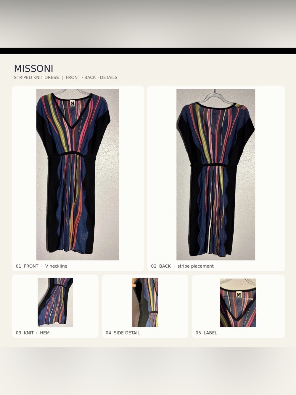 M Missoni Striped Knit V-Neck Midi Dress Italian Designer Statement Dress